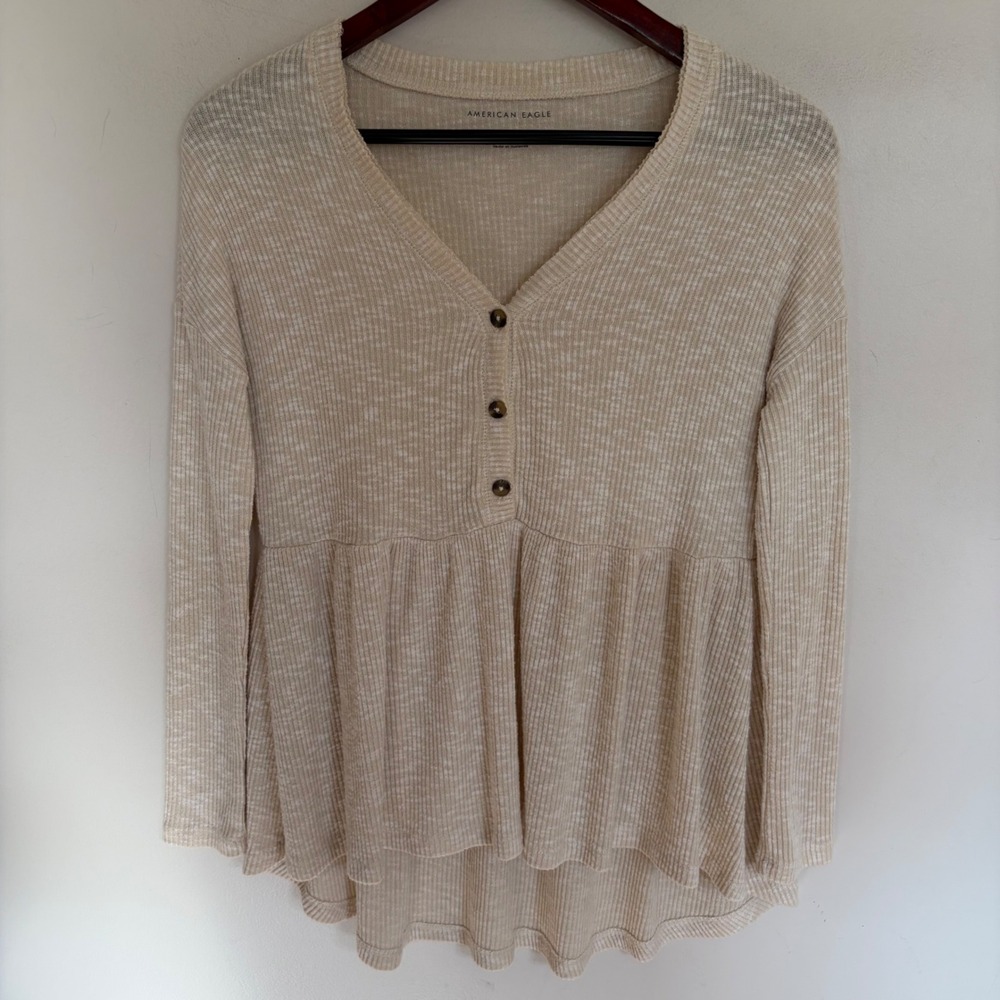 American Eagle Ribbed Babydoll Henley Top Cream Peplum Long Sleeve XXS